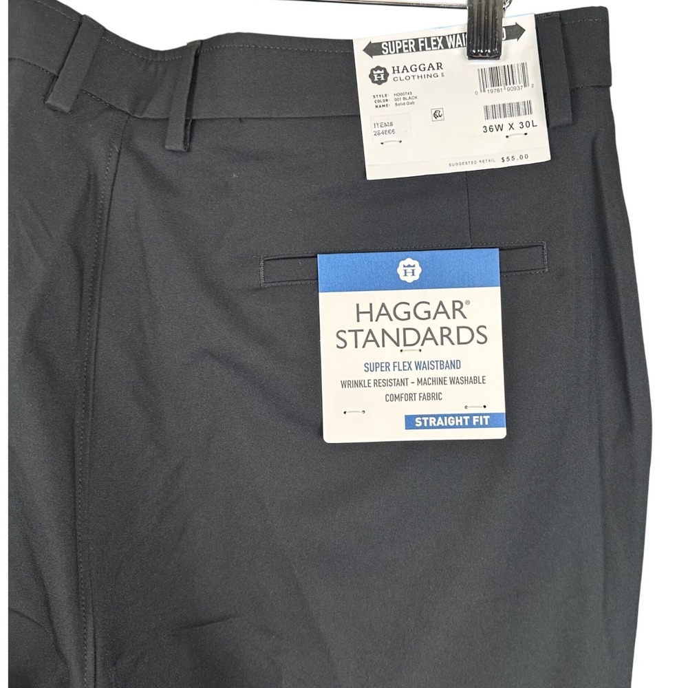 Haggar Standards Mens 36x30 Black Dress Pants Super Flex Waist Straight Fit NEW